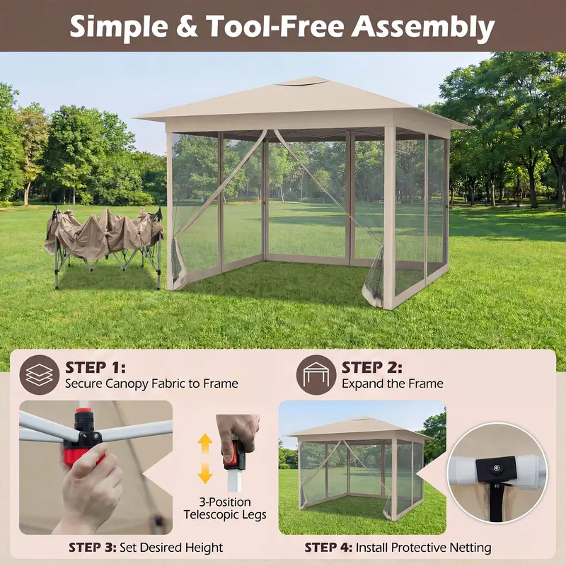 11.5' x 11.5' Pop-Up Gazebo Canopy Tent with Mesh Netting and One-Person Setup