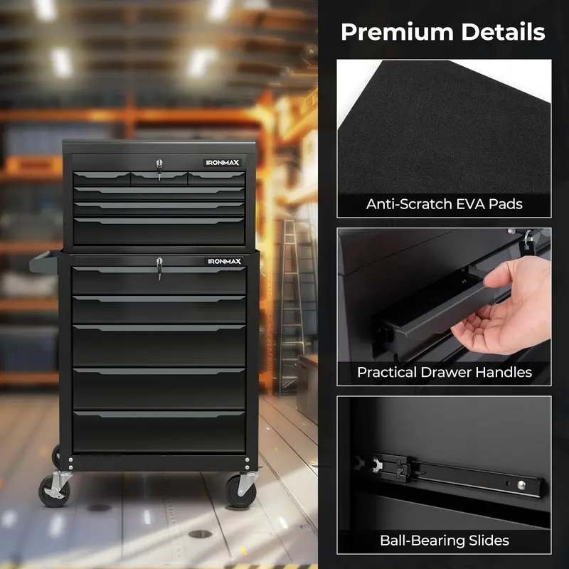 11-Drawer Heavy-Duty Rolling Tool Cabinet – Central Keyed Lock System & Integrated Hanging Storage 2