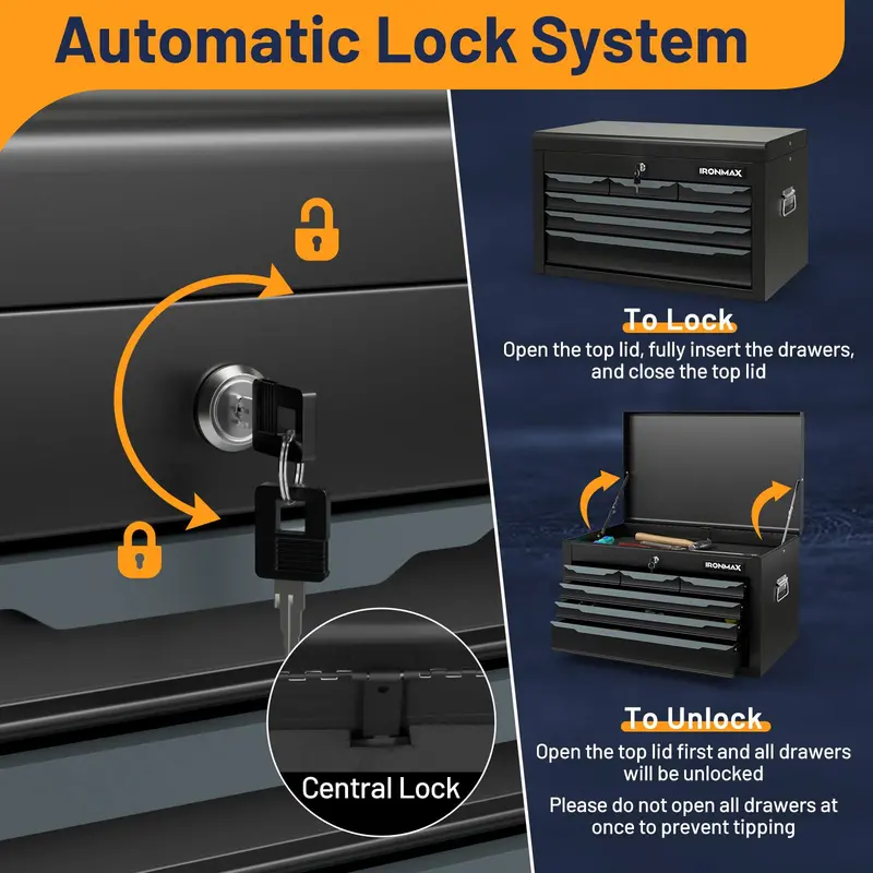 11-Drawer Heavy-Duty Rolling Tool Cabinet – Central Keyed Lock System & Integrated Hanging Storage