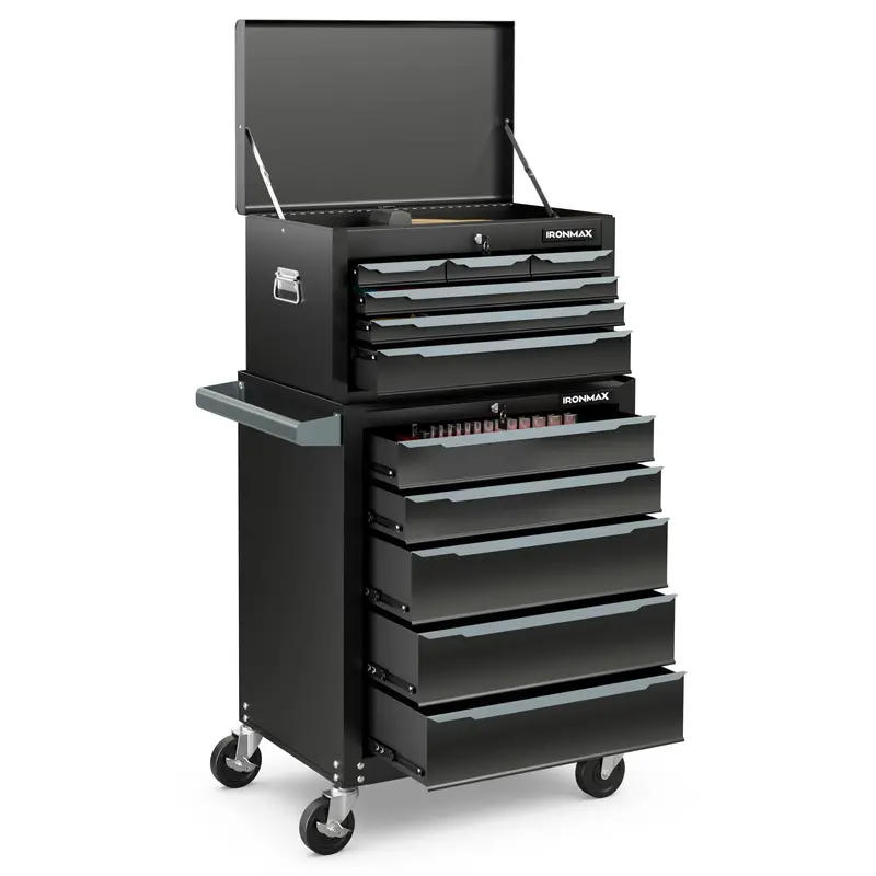 11-Drawer Heavy-Duty Rolling Tool Cabinet – Central Keyed Lock System & Integrated Hanging Storage