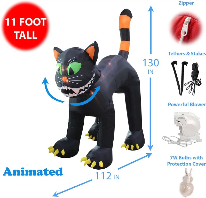 11-Foot Animated Inflatable Black Cat – Halloween Yard Display with Motion Effects