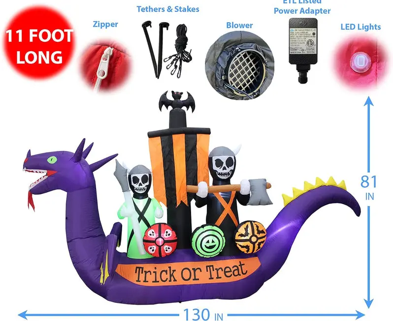 11-Foot Inflatable Halloween Scene – Dragon, Pirate Ship & Skeleton Display Set