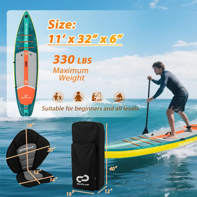 11-Foot Inflatable SUP Board for Adults – Includes Premium Kayak Seat & Carry Kit