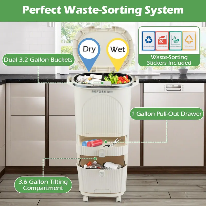 11-Gallon Kitchen Trash Can – Triple-Layer Design with Lid and Two Detachable Buckets 2