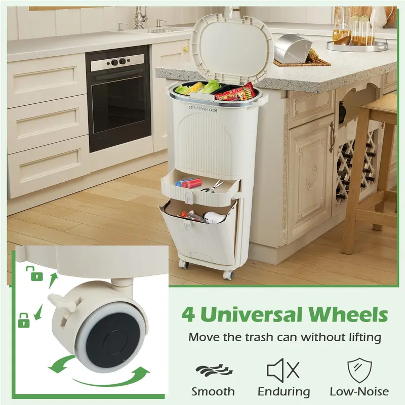 11-Gallon Kitchen Trash Can – Triple-Layer Design with Lid and Two Detachable Buckets