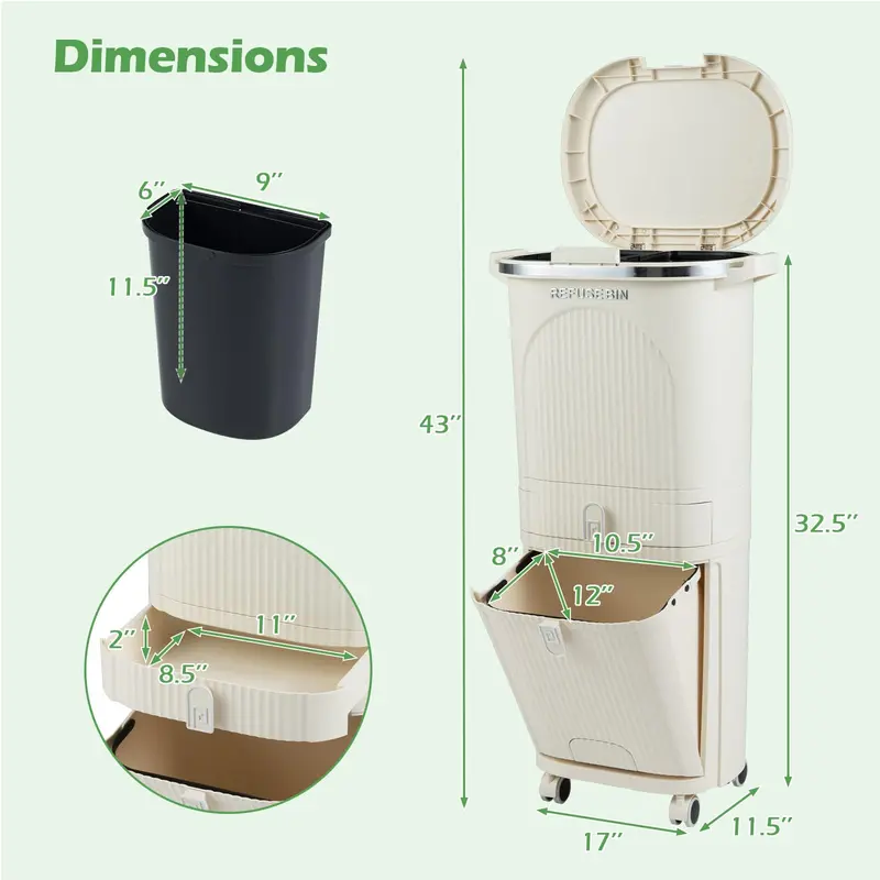 11-Gallon Kitchen Trash Can – Triple-Layer Design with Lid and Two Detachable Buckets