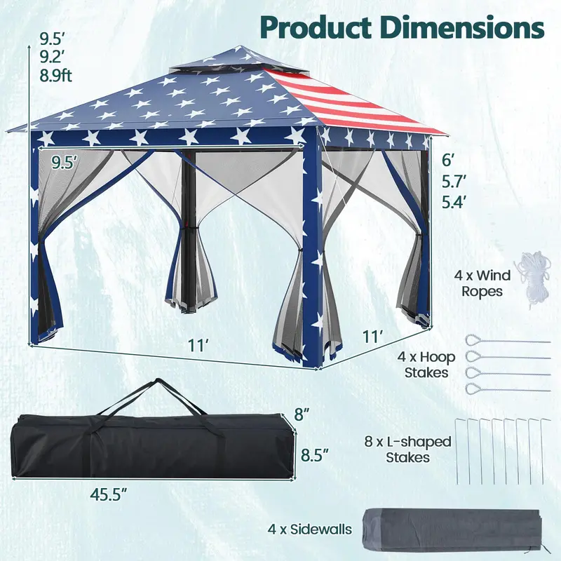 11' x 11' Pop-Up Gazebo with Mesh Sidewalls – Vented Canopy, Drainage Holes
