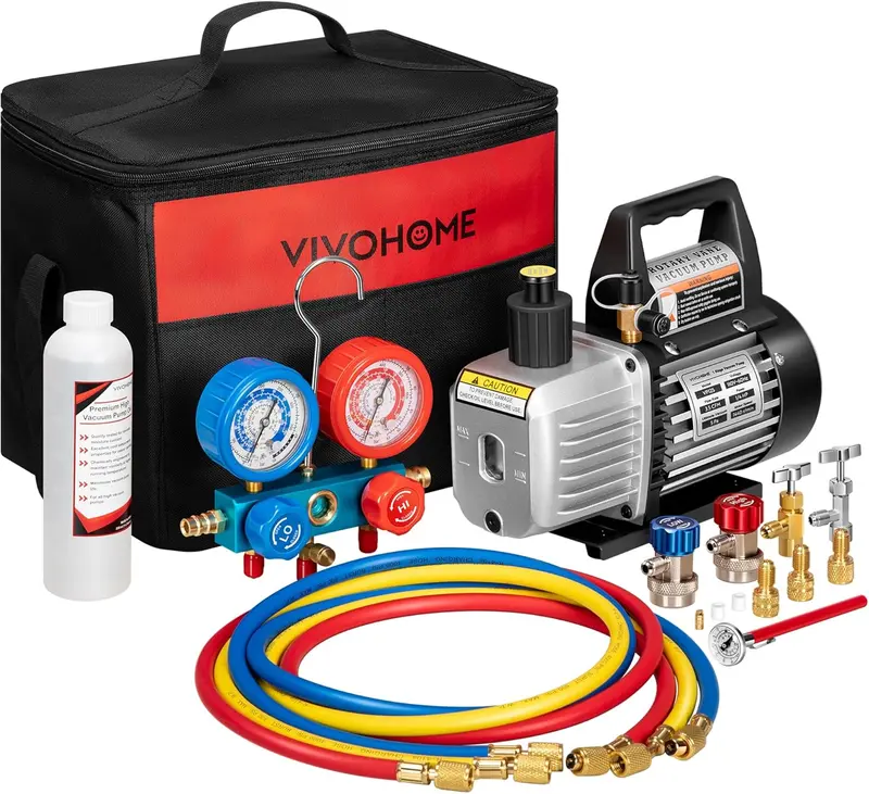 110V Rotary Vane Vacuum Pump Kit – HVAC Refrigerant Recovery Tool with Manifold Gauge Set & Thermometer for R134a/R22/R410a Systems
