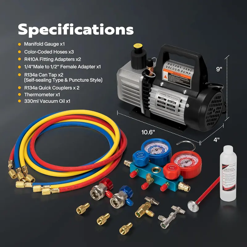 110V Rotary Vane Vacuum Pump Kit – HVAC Refrigerant Recovery Tool with Manifold Gauge Set & Thermometer for R134a/R22/R410a Systems