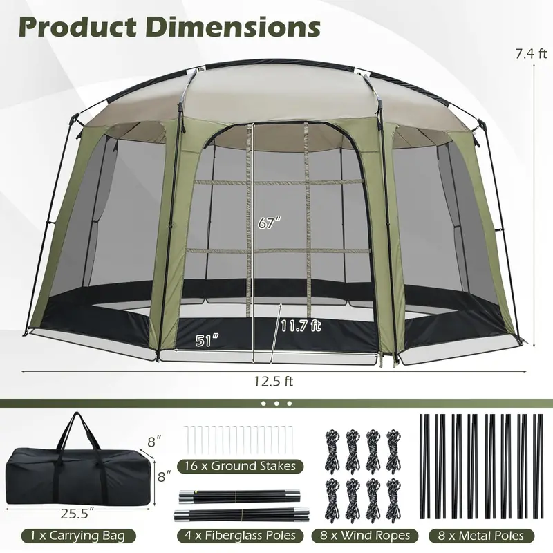 12.5' x 11.7' Mesh Screen Tent – Zippered Entry, Ventilated Design, Includes Carry Bag