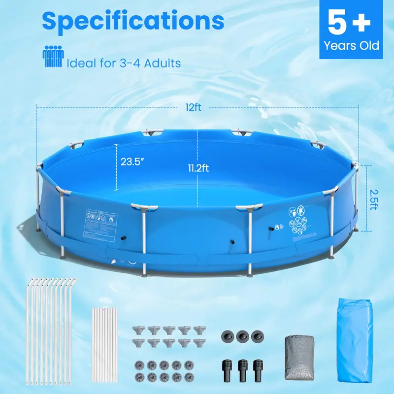 12-Foot Round Steel Frame Swimming Pool – Above-Ground Backyard Pool (30" Depth)