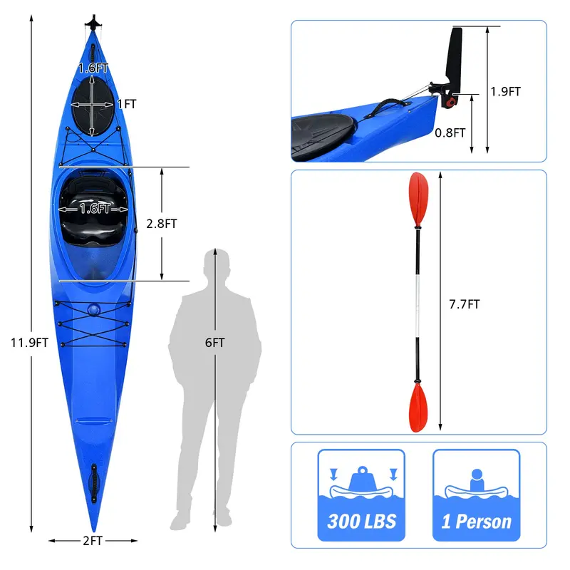 12-Foot Sit-In Kayak – Lightweight Touring & Fishing Model with Aluminum Paddle and Keel Stability
