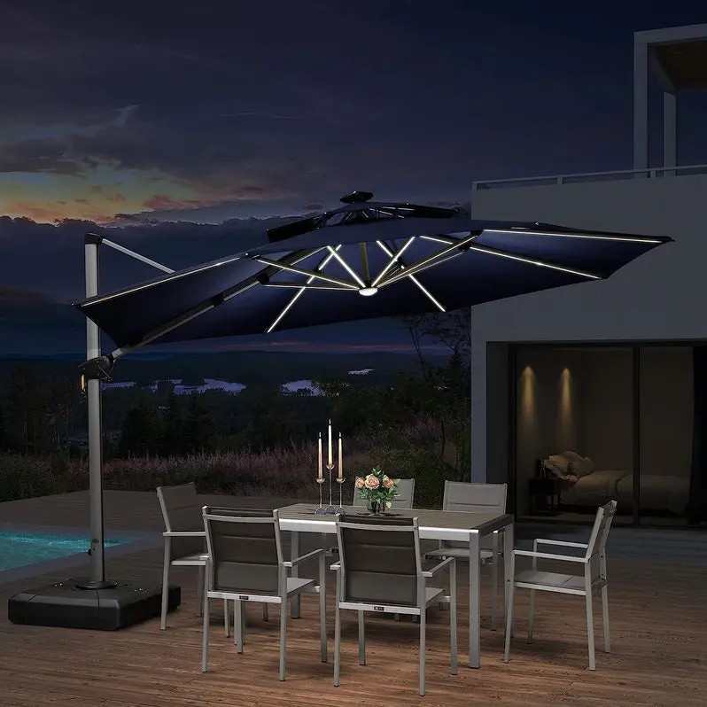 12-Foot Solar-Powered LED Cantilever Patio Umbrella – Wind-Resistant Round Bias Design for Deck or Poolside