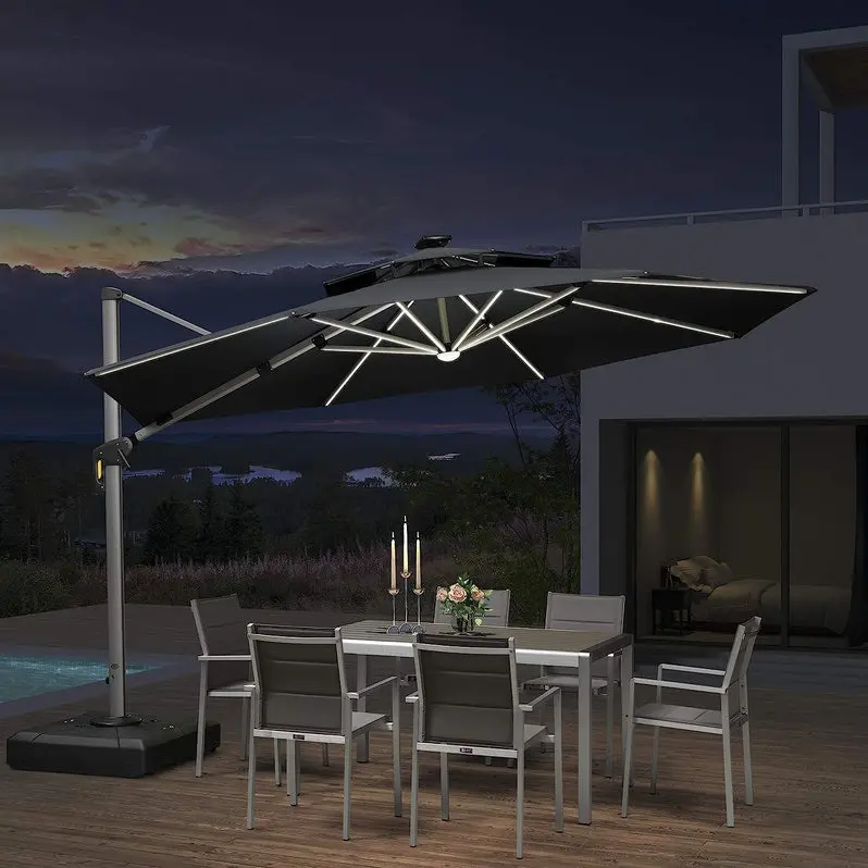 12-Foot Solar-Powered LED Cantilever Patio Umbrella – Wind-Resistant Round Bias Design for Deck or Poolside