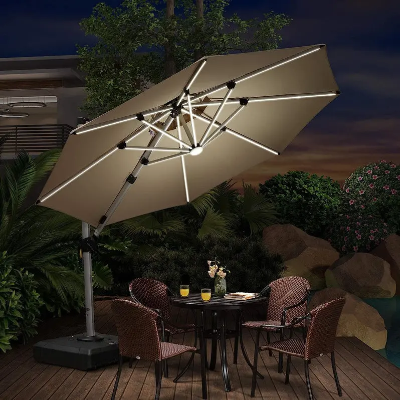 12-Foot Solar-Powered LED Cantilever Patio Umbrella – Wind-Resistant Round Bias Design for Deck or Poolside