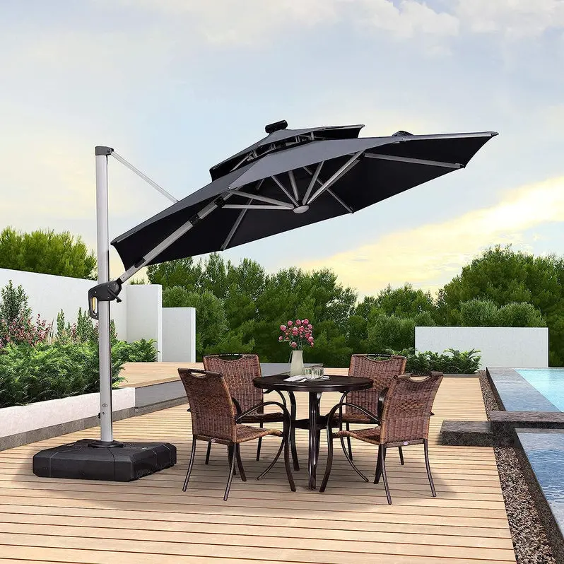 12-Foot Solar-Powered LED Cantilever Patio Umbrella – Wind-Resistant Round Bias Design for Deck or Poolside