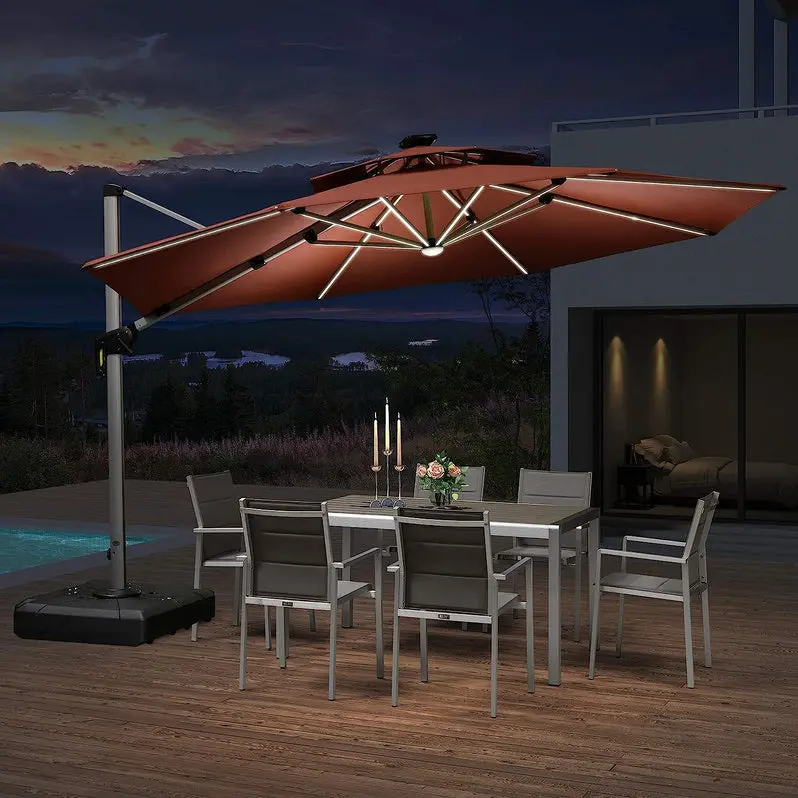 12-Foot Solar-Powered LED Cantilever Patio Umbrella – Wind-Resistant Round Bias Design for Deck or Poolside