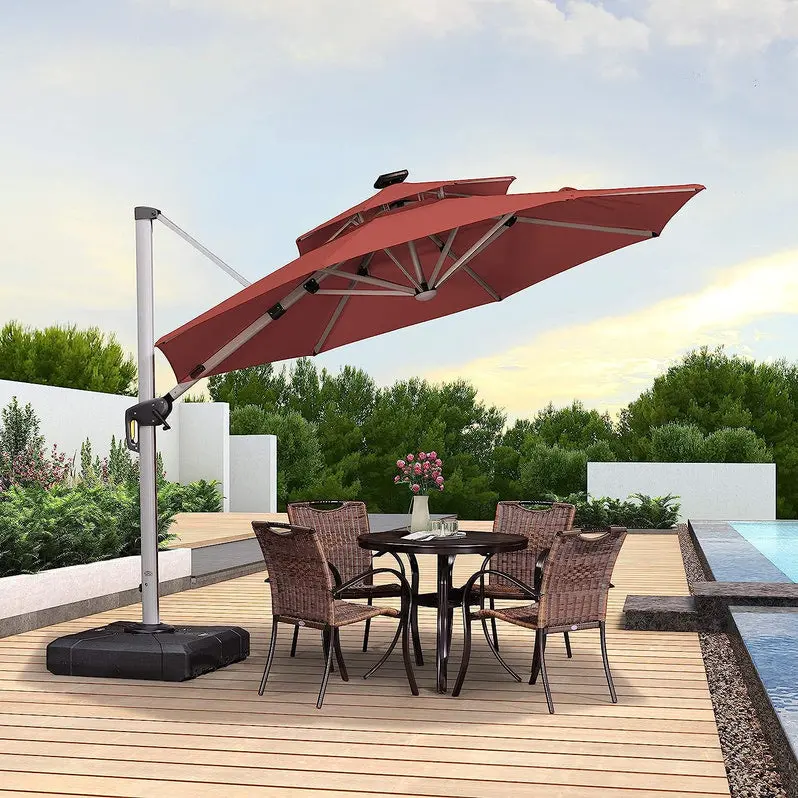 12-Foot Solar-Powered LED Cantilever Patio Umbrella – Wind-Resistant Round Bias Design for Deck or Poolside