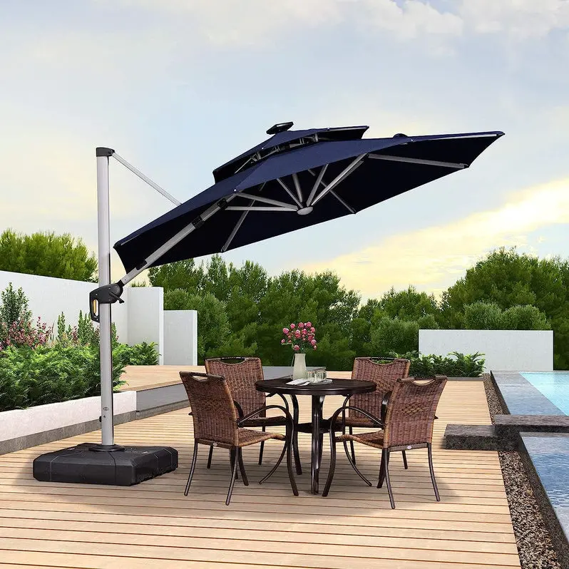 12-Foot Solar-Powered LED Cantilever Patio Umbrella – Wind-Resistant Round Bias Design for Deck or Poolside