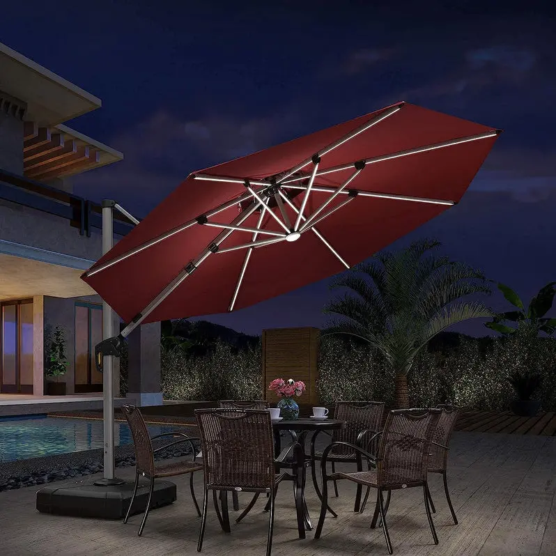 12-Foot Solar-Powered LED Cantilever Patio Umbrella – Wind-Resistant Round Bias Design for Deck or Poolside