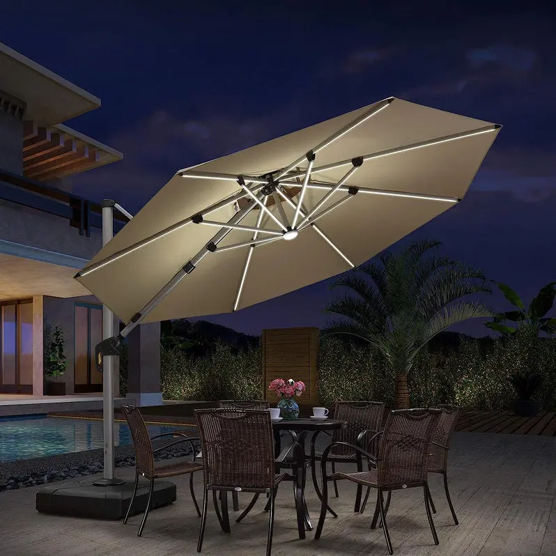 12-Foot Solar-Powered LED Cantilever Patio Umbrella – Wind-Resistant Round Bias Design for Deck or Poolside