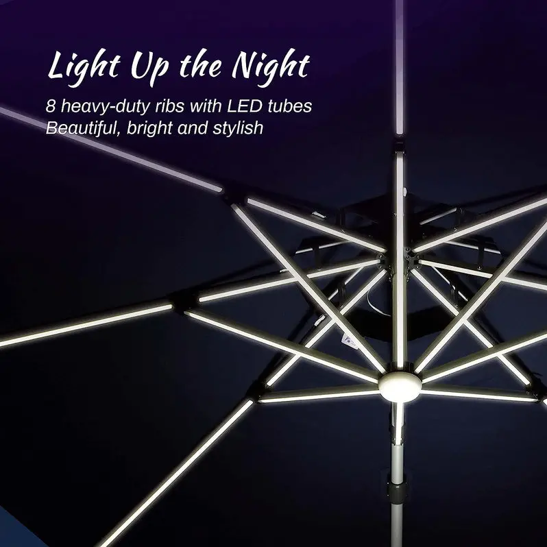 12-Foot Solar-Powered LED Cantilever Patio Umbrella – Wind-Resistant Round Bias Design for Deck or Poolside