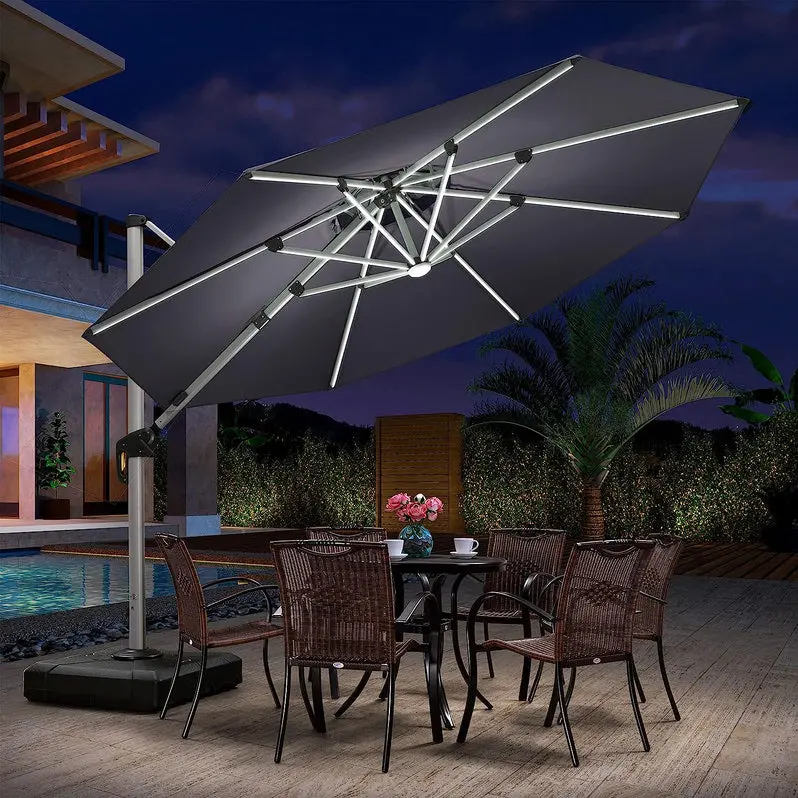 12-Foot Solar-Powered LED Cantilever Patio Umbrella – Wind-Resistant Round Bias Design for Deck or Poolside