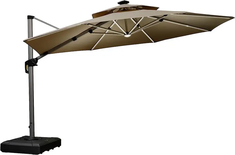 12-Foot Solar-Powered LED Cantilever Patio Umbrella – Wind-Resistant Round Bias Design for Deck or Poolside