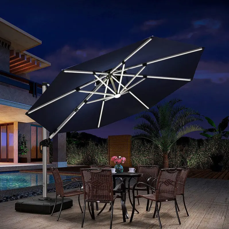 12-Foot Solar-Powered LED Cantilever Patio Umbrella – Wind-Resistant Round Bias Design for Deck or Poolside