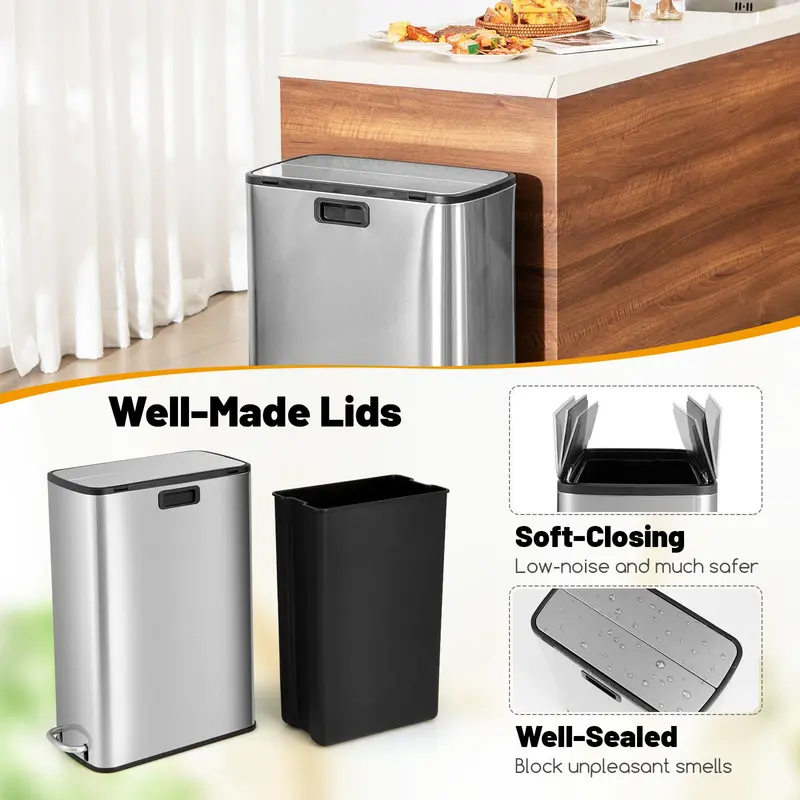 12-Gallon Kitchen Trash Bin with Soft-Close Wing Lids and Removable Inner Bucket