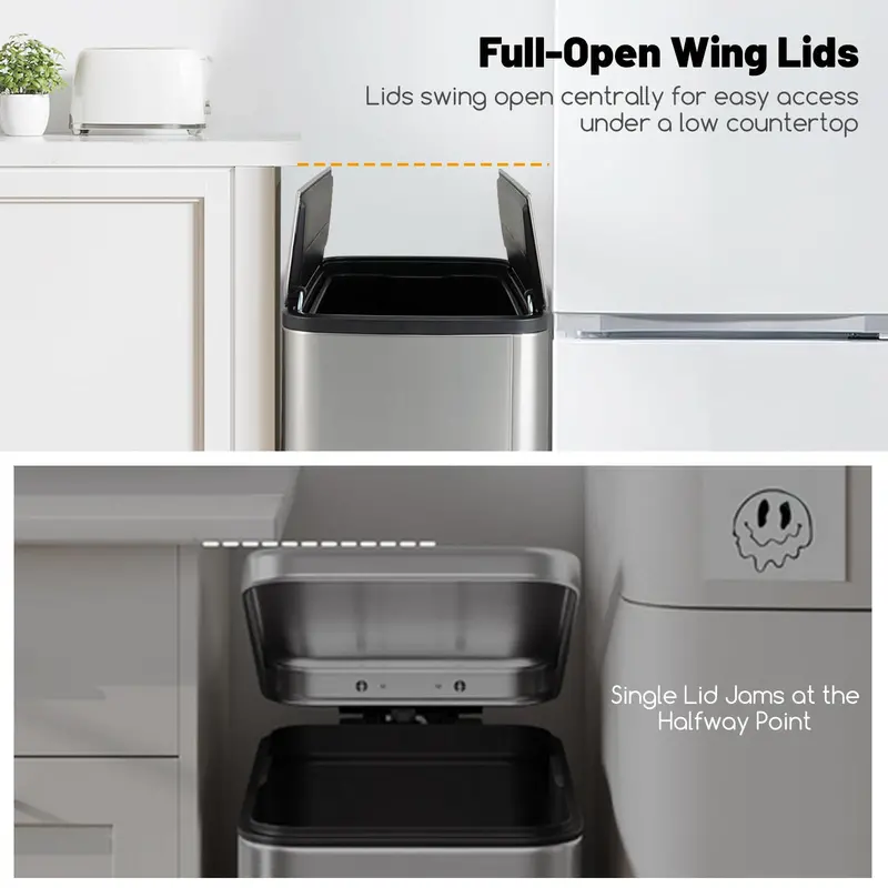 12-Gallon Kitchen Trash Bin with Soft-Close Wing Lids and Removable Inner Bucket