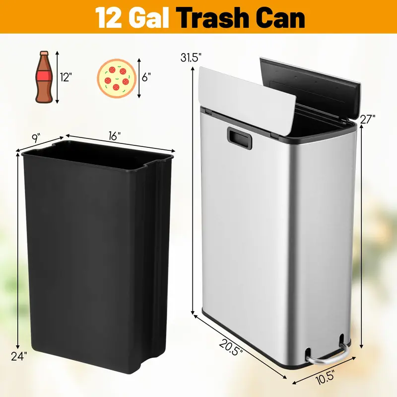 12-Gallon Kitchen Trash Bin with Soft-Close Wing Lids and Removable Inner Bucket