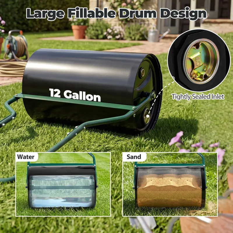12-Gallon Lawn Roller – Water- or Sand-Filled Drum with U-Handle for Smooth Soil Compaction