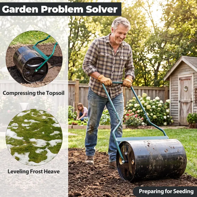 12-Gallon Lawn Roller – Water- or Sand-Filled Drum with U-Handle for Smooth Soil Compaction