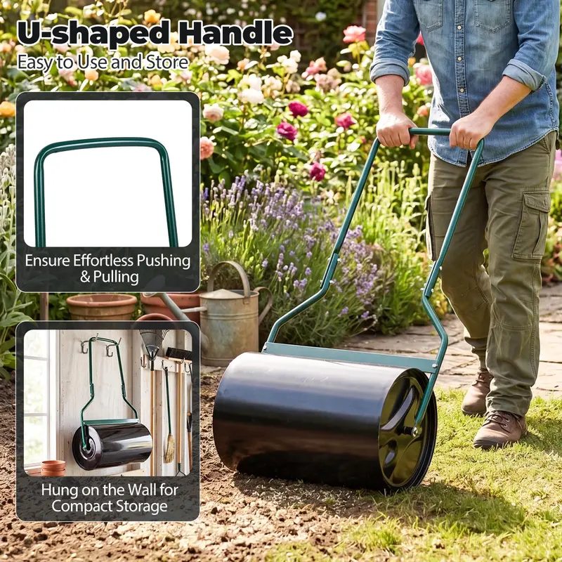12-Gallon Lawn Roller – Water- or Sand-Filled Drum with U-Handle for Smooth Soil Compaction