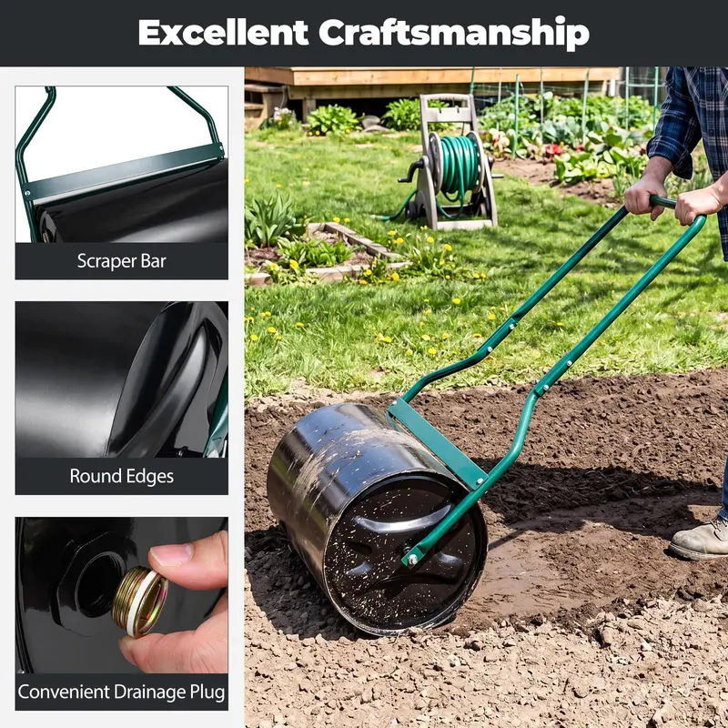 12-Gallon Lawn Roller – Water- or Sand-Filled Drum with U-Handle for Smooth Soil Compaction
