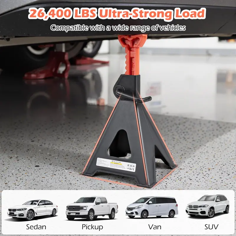 12-Ton (26,400 LB) Adjustable Jack Stands with 19-Inch to 29.5-Inch Lifting Range