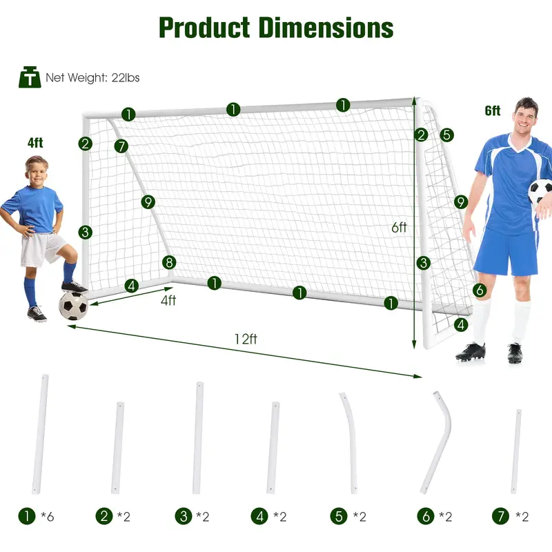 12' x 6' x 4' Portable Soccer Goal – Quick-Assembly UPVC Frame with High-Tensile Netting