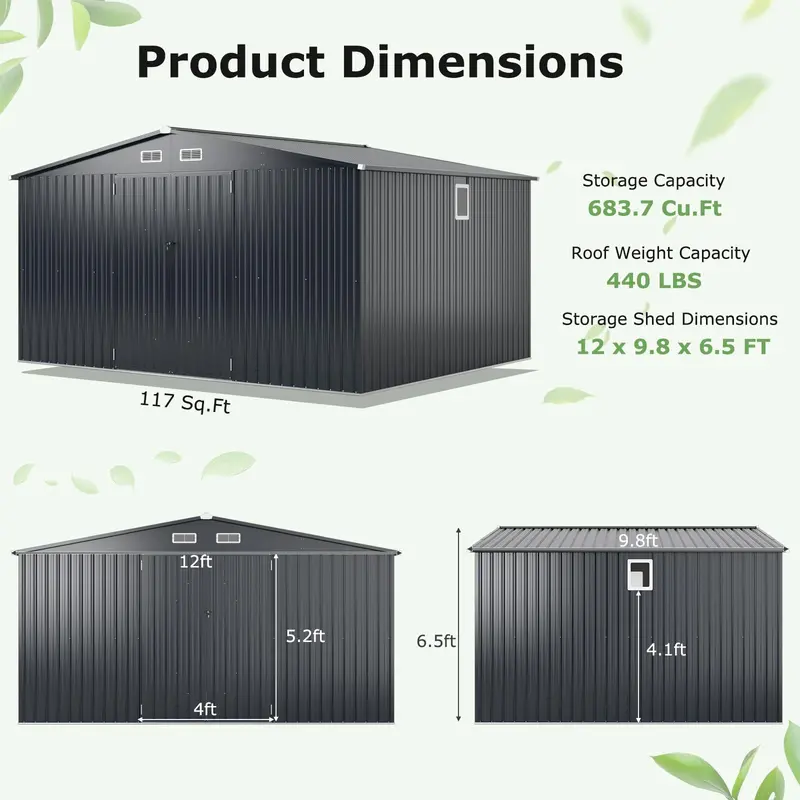 12' x 9.8' All-Weather Outdoor Storage Shed — Rustproof Galvanized Metal Utility Shelter