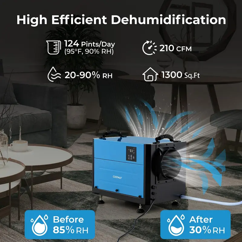 124-Pint Crawl Space Dehumidifier – Designed for 1,300 Sq. Ft Areas with 9.8-Foot Drain Hose & Remote Panel
