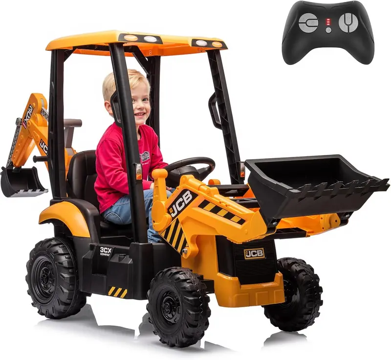 12V JCB Excavator Ride-On Toy – Working Digging Arm, Backhoe Function, Slow-Start Safety, Adjustable Speeds for Ages 4–8 1