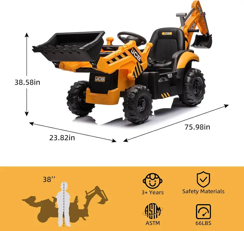 12V JCB Excavator Ride-On Toy – Working Digging Arm, Backhoe Function, Slow-Start Safety, Adjustable Speeds for Ages 4–8