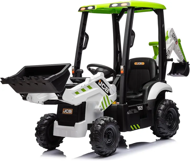 12V JCB Excavator Ride-On Toy – Working Digging Arm, Backhoe Function, Slow-Start Safety, Adjustable Speeds for Ages 4–8