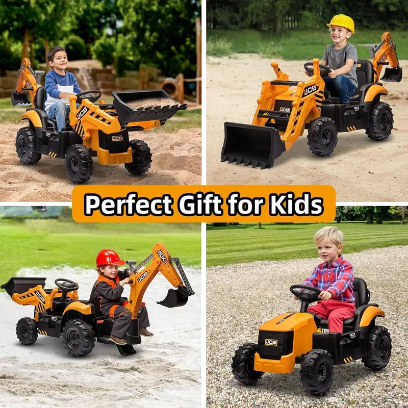 12V JCB Excavator Ride-On Toy – Working Digging Arm, Backhoe Function, Slow-Start Safety, Adjustable Speeds for Ages 4–8