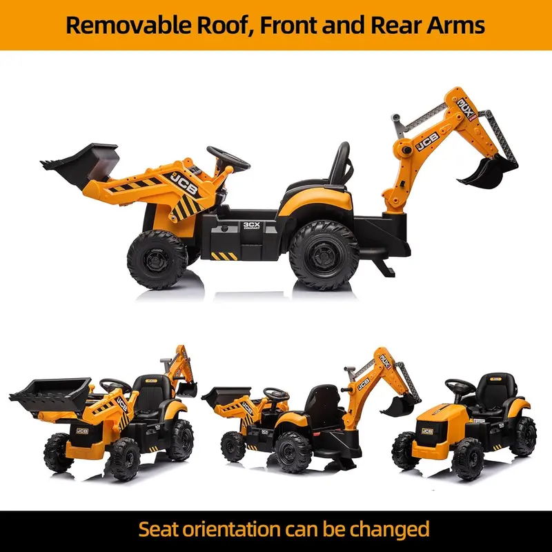 12V JCB Excavator Ride-On Toy – Working Digging Arm, Backhoe Function, Slow-Start Safety, Adjustable Speeds for Ages 4–8