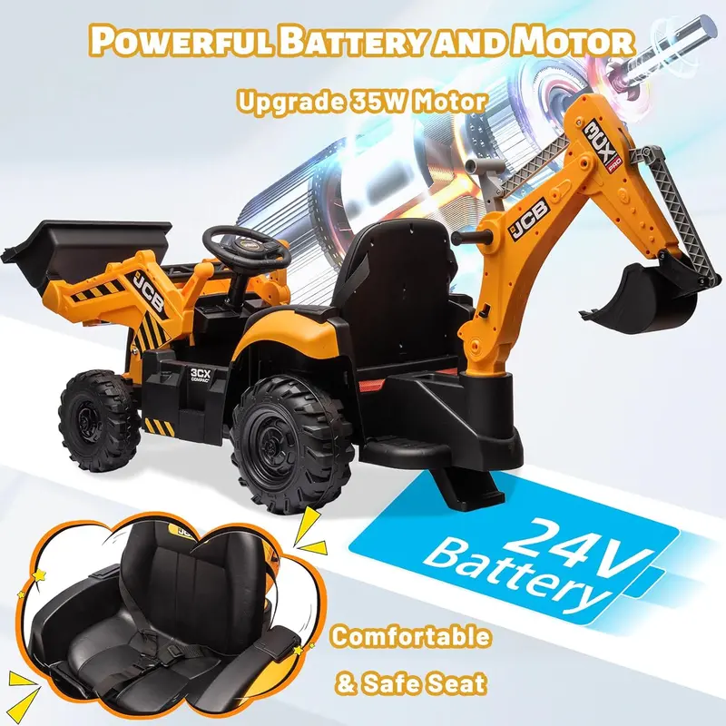 12V JCB Excavator Ride-On Toy – Working Digging Arm, Backhoe Function, Slow-Start Safety, Adjustable Speeds for Ages 4–8