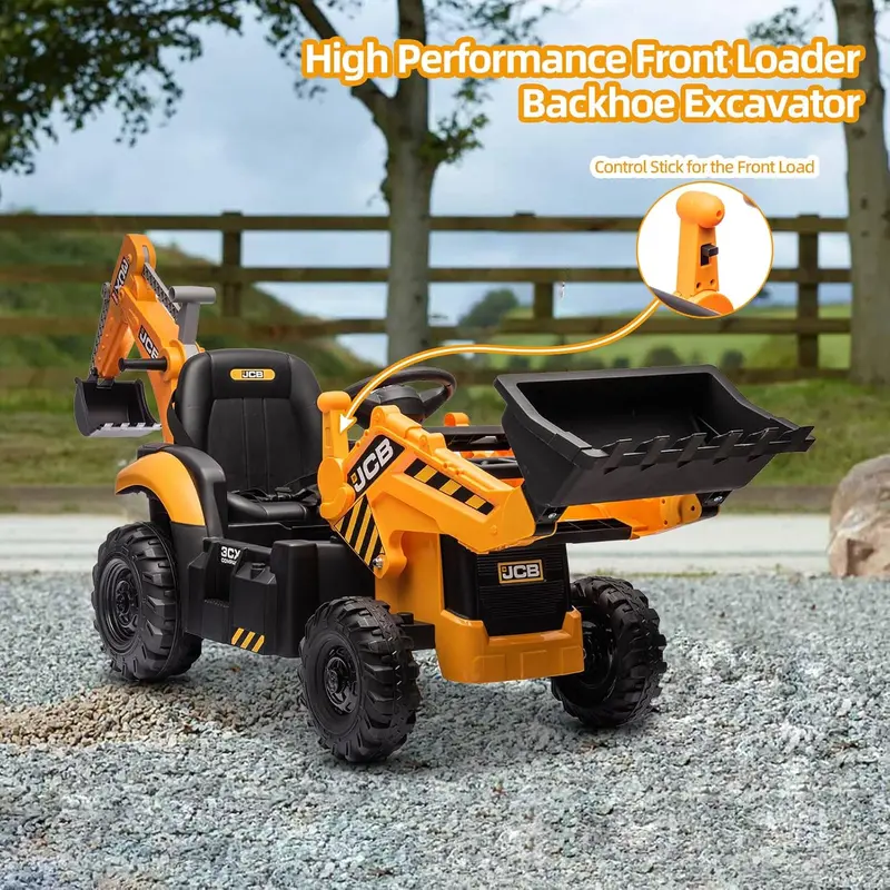 12V JCB Excavator Ride-On Toy – Working Digging Arm, Backhoe Function, Slow-Start Safety, Adjustable Speeds for Ages 4–8