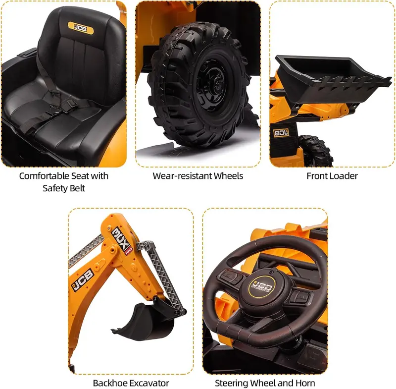 12V JCB Excavator Ride-On Toy – Working Digging Arm, Backhoe Function, Slow-Start Safety, Adjustable Speeds for Ages 4–8