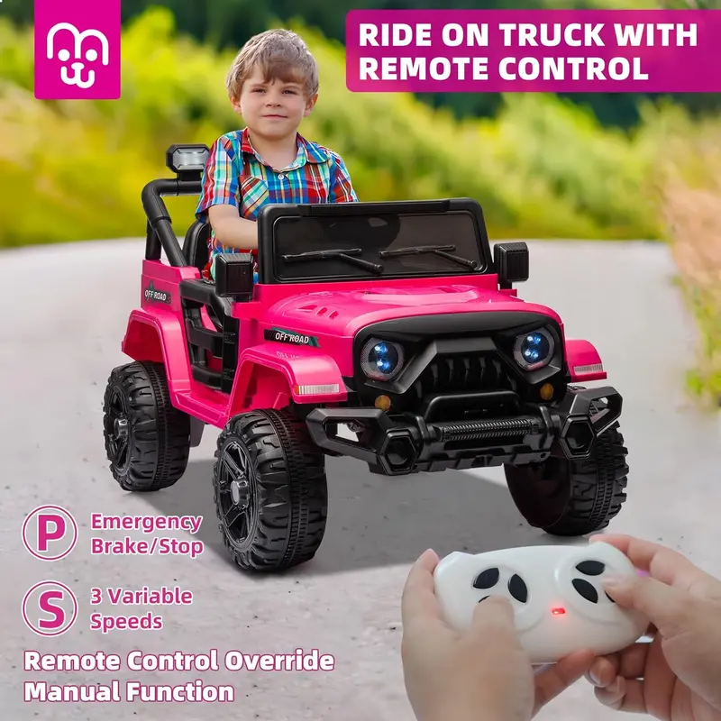 12V Remote-Controlled Ride-On Truck for Kids – Twin 35W Motors, Bluetooth Music, LED Lights, Suspension & Safety Belt (Rosy)
