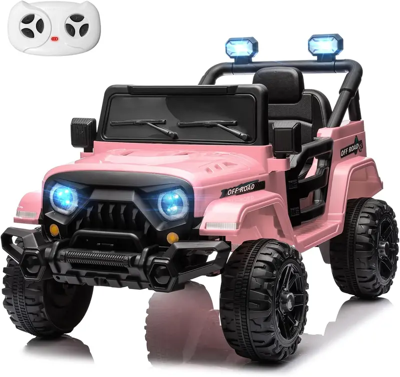 12V Remote-Controlled Ride-On Truck for Kids – Twin 35W Motors, Bluetooth Music, LED Lights, Suspension & Safety Belt (Rosy)
